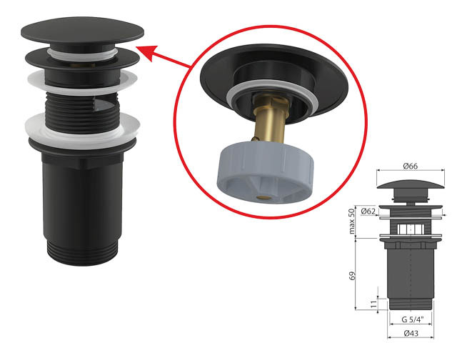 Водослив для умывальника click/clack 5/4, цельнометаллический с большой чёрной заглушкой, Alcaplast - фото 1 - id-p213679278
