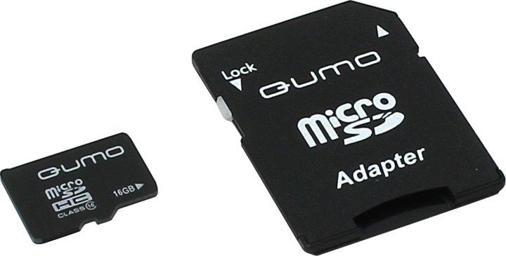 Карта памяти Qumo QM16(G)MICSDHC10 microSDHC 16Gb Class10 + microSD-- SD Adapter - фото 1 - id-p213938012