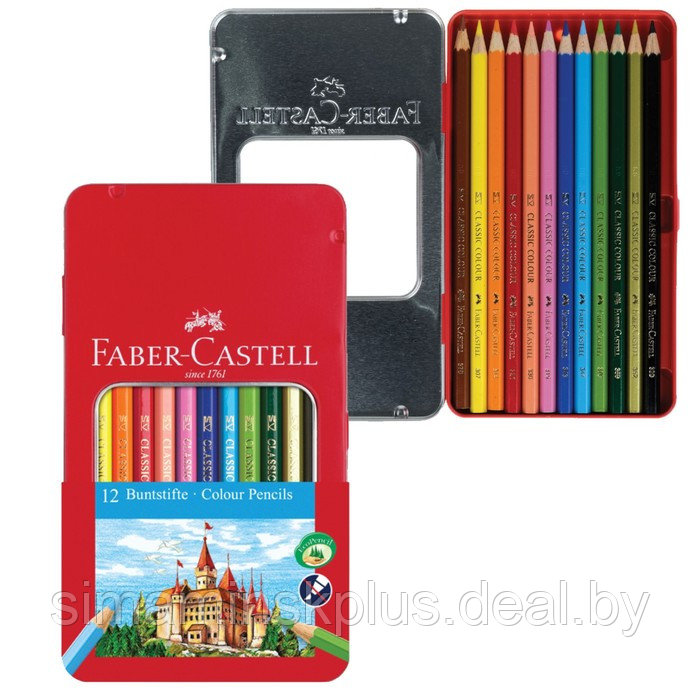 Карандаши цветные Faber-Castell "Замок", 12 цветов, шестигранные, заточенные, в металлической коробке - фото 1 - id-p213938202
