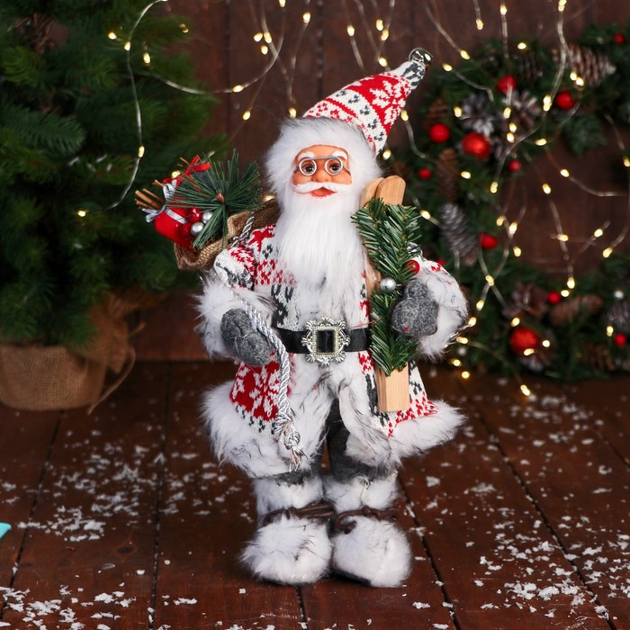 Дед Мороз "В костюме с орнаментом, лыжами и веточками" 31 см, красно-белый - фото 1 - id-p213939993