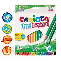 Карандаши 24 цвета Carioca "Tita Erasable", стираемые, 3.0 мм, шестигранные, пластиковые, с ластиком, картон,