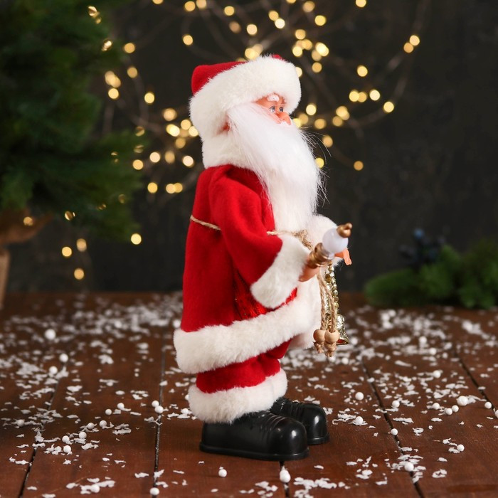 Дед Мороз "С колокольчиками и с фонариком на посохе" 30 см, двигается, красно-белый - фото 2 - id-p213942099