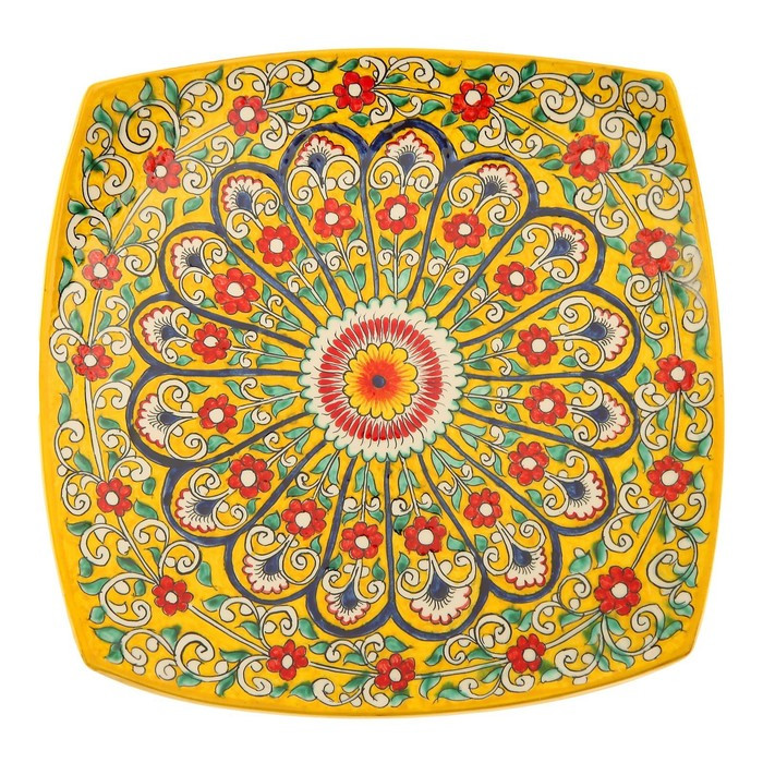Ляган Риштанская Керамика "Цветы", 28 см, квадратный, жёлтый микс - фото 2 - id-p213945114