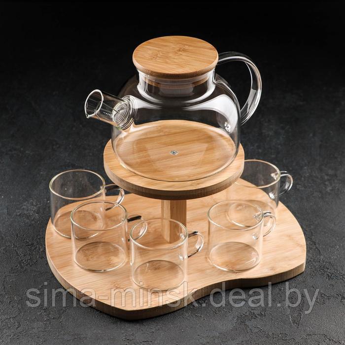 Набор чайный из стекла на деревянной подставке «Эко», 7 предметов: чайник 1,1 л, 5 кружек 120 мл, подставка - фото 1 - id-p213948554