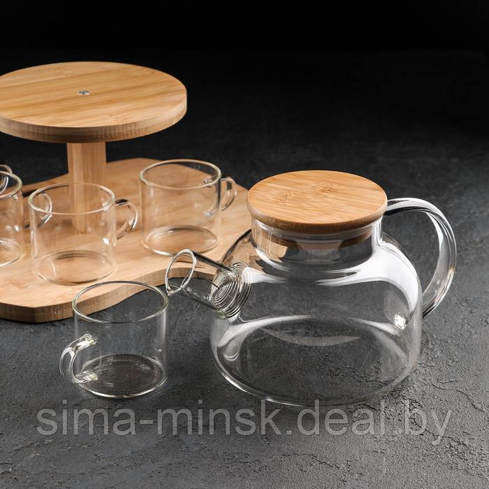 Набор чайный из стекла на деревянной подставке «Эко», 7 предметов: чайник 1,1 л, 5 кружек 120 мл, подставка - фото 3 - id-p213948554