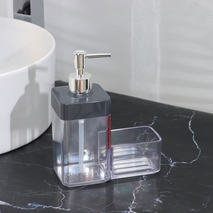 Дозатор для мыла с подставкой 15,5×7,3×19см, цвет прозрачный/серый - фото 2 - id-p213950494