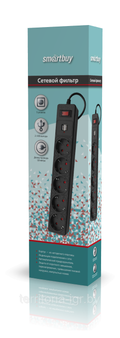 Сетевой фильтр SBSP-18U-K 1.8м. с USB 5 розеток черный Smartbuy