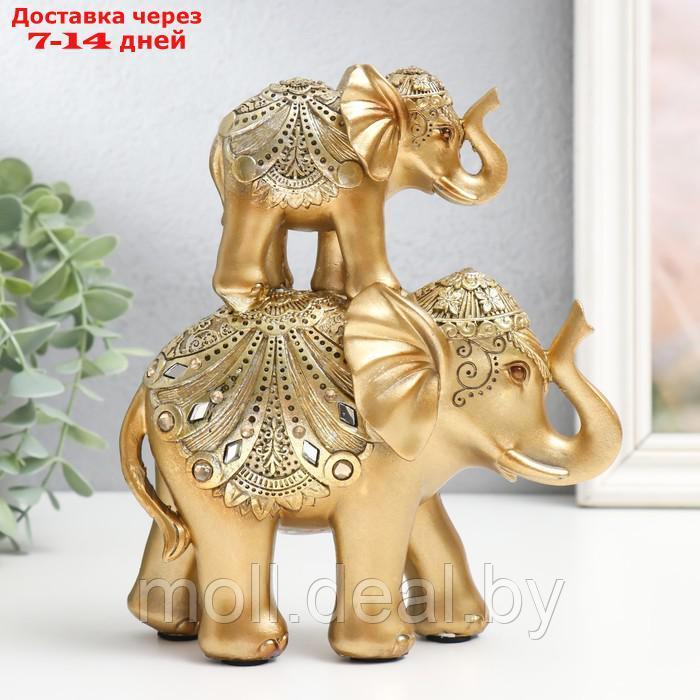 Сувенир полистоун "Золотой слон со слонёнком на спине - цирковая попона" 20х5х16 см
