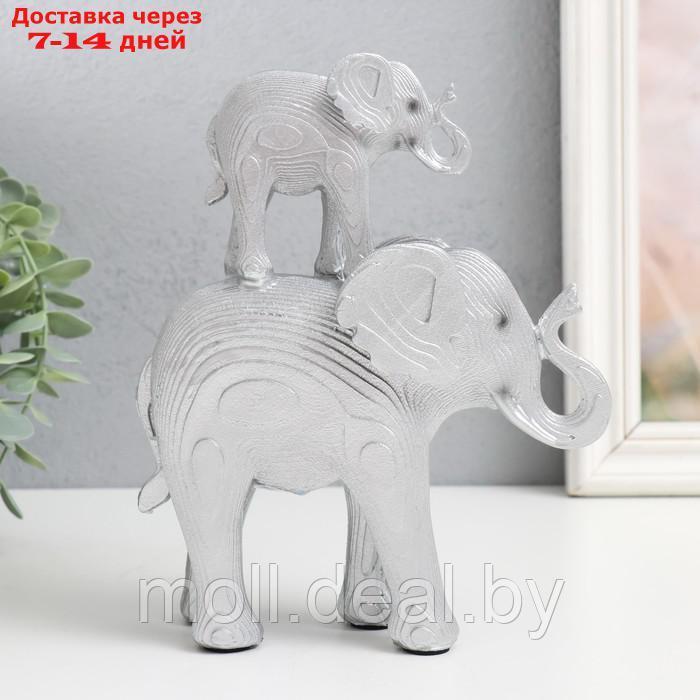Сувенир полистоун "Серебристый слон со слонёнком на спине - узор листья" 16х7х19,5 см - фото 4 - id-p214088780