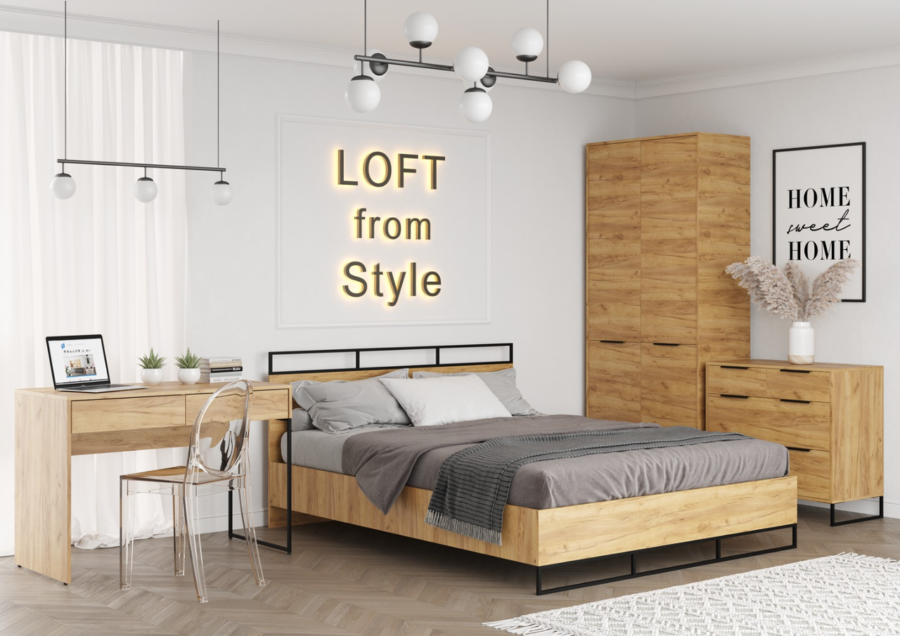 Кровать LOFT КР-001 с ПМ - Дуб крафт золотой (МКСтиль)