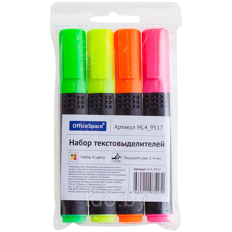 Набор текстовыделителей OfficeSpace 04цв., 1-4мм, чехол с европодвесом - фото 1 - id-p214212440