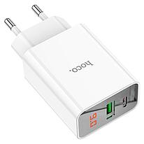 Сетевое зарядное устройство с дисплеем - HOCO C100A, 5-12V, 3000mA, 20W, 1xUSB(QC) + 1xType-C(PD), белое