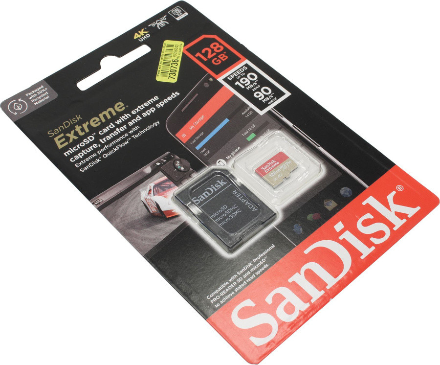 Карта памяти SanDisk Extreme SDSQXAA-128G-GN6MA microSDXC Memory Card 128Gb UHS-I U3 V30 A2 + microSD-- SD - фото 1 - id-p214339664