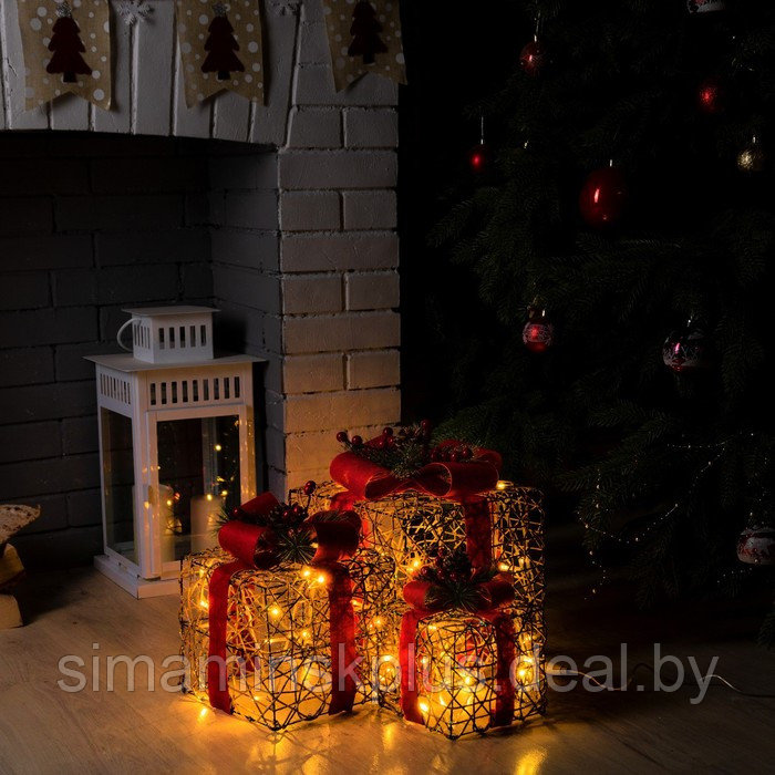 Светодиодная фигура «Подарки с красной лентой» 15, 20, 25 см, текстиль, металл, 220 В, свечение тёплое белое - фото 1 - id-p214391980