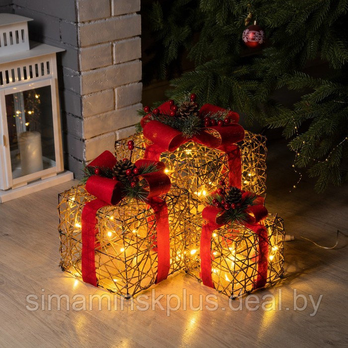 Светодиодная фигура «Подарки с красной лентой» 15, 20, 25 см, текстиль, металл, 220 В, свечение тёплое белое - фото 3 - id-p214391980