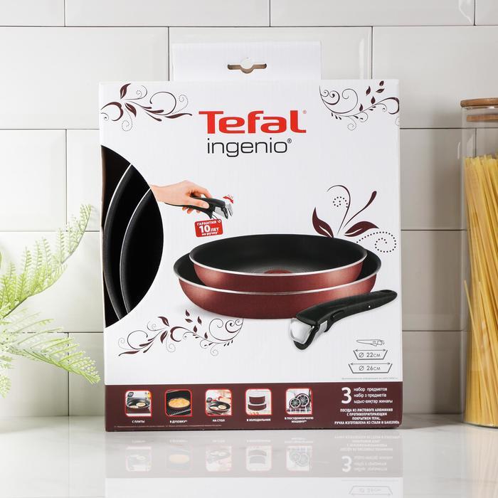 Набор посуды Tefal Ingenio Red 5, 3 предмета: сковороды 22 см, 26 см, съёмная ручка, цвет бордовый - фото 9 - id-p214394578