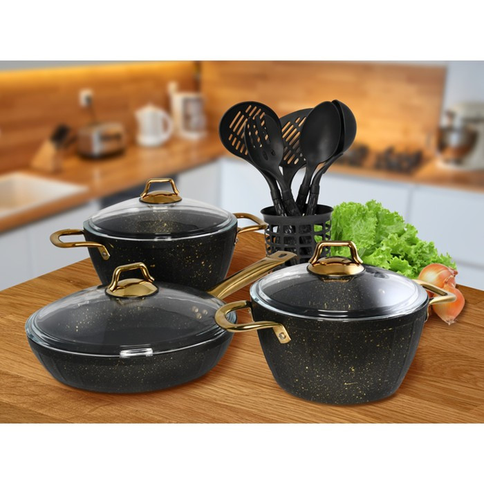 Набор посуды из 3 предметов: 2 кастрюли, сковорода, цвет чёрный, 2.8/4.3 л/26 см - фото 2 - id-p214394587