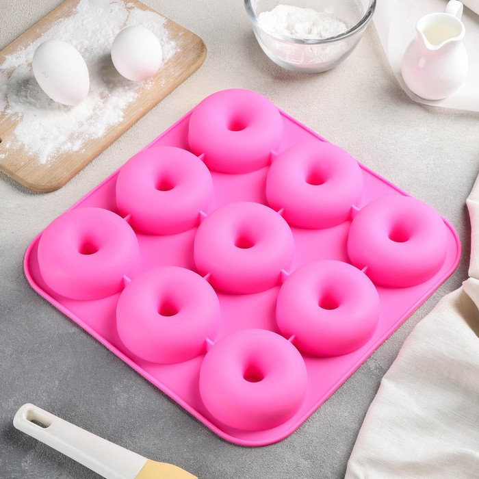 Форма силиконовая для выпечки Доляна «Пончик», 28,5х28,5х3 см, 9 ячеек, d=8 см, цвет розовый - фото 1 - id-p214394692