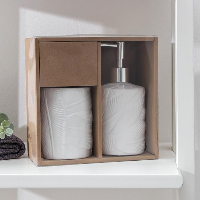 Набор аксессуаров для ванной комнаты «Листва», 2 предмета (дозатор для мыла, стакан), цвет белый - фото 3 - id-p214396542