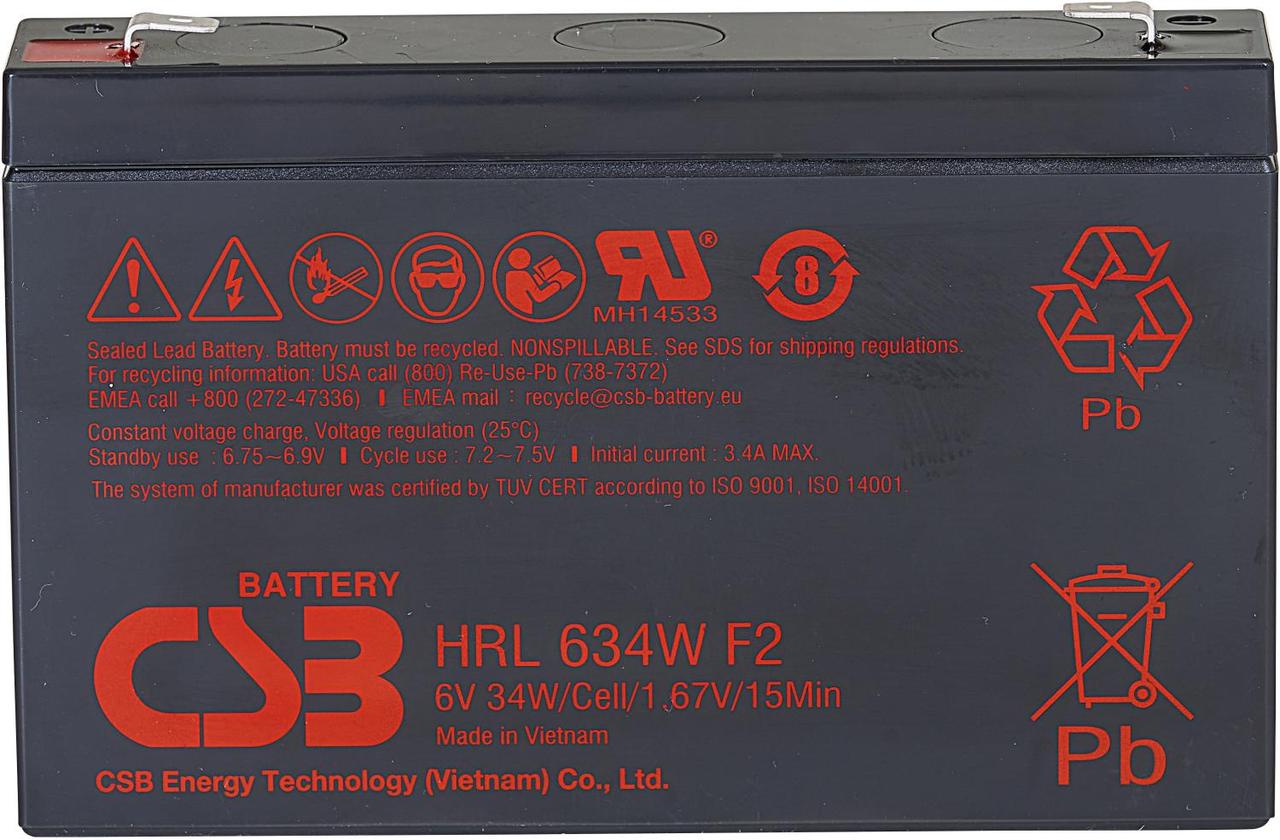Батарея CSB серия HRL, HRL634W F2 FR, напряжение 6В, емкость 8.5Ач (разряд 20 часов), 34 Вт/Эл при 15-мин. - фото 1 - id-p214269013
