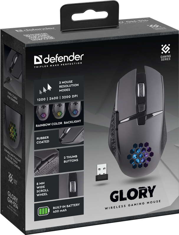Беспроводная игровая мышь - Defender Glory GM-514, 7 кнопок, подсветка, аккумулятор 400mAh, 3200dpi, чёрная - фото 6 - id-p214445562