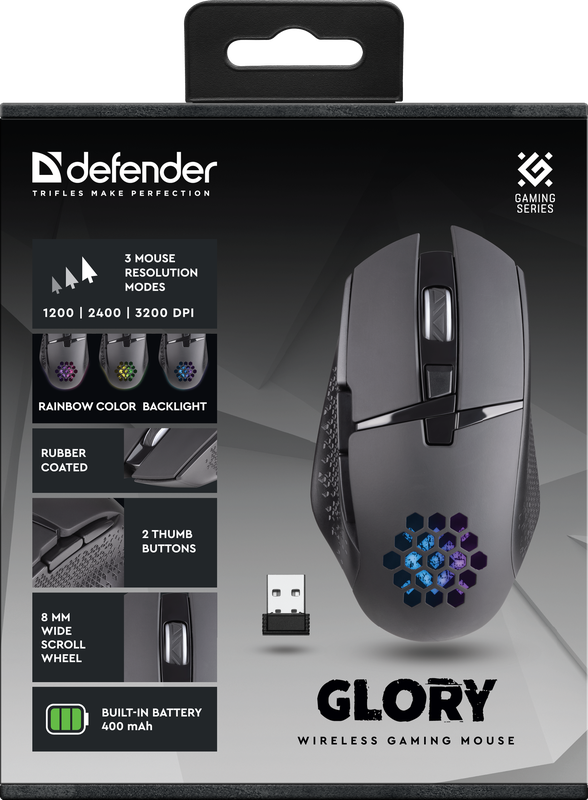 Беспроводная игровая мышь - Defender Glory GM-514, 7 кнопок, подсветка, аккумулятор 400mAh, 3200dpi, чёрная - фото 8 - id-p214445562