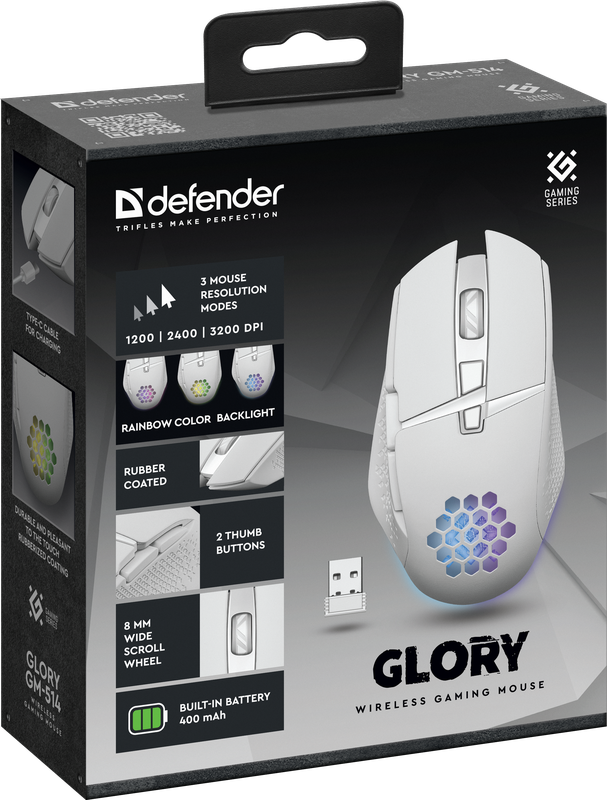 Беспроводная игровая мышь - Defender Glory GM-514, 7 кнопок, подсветка, аккумулятор 400mAh, 3200dpi, белая - фото 2 - id-p214448128