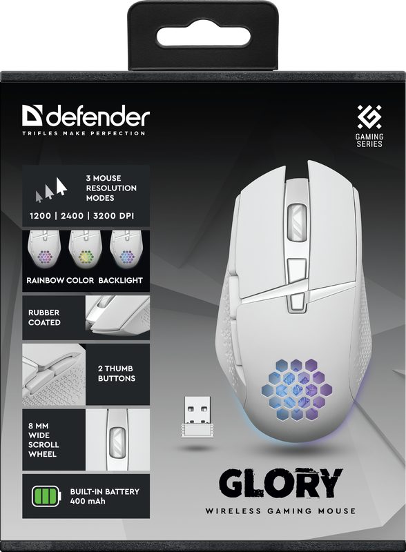 Беспроводная игровая мышь - Defender Glory GM-514, 7 кнопок, подсветка, аккумулятор 400mAh, 3200dpi, белая - фото 10 - id-p214448128