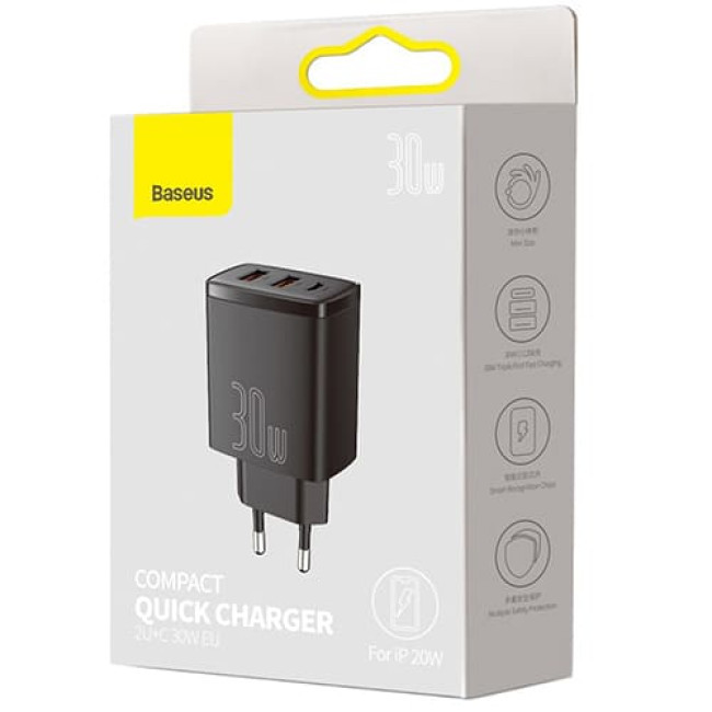 Зарядное устройство Baseus Compact Quick Charger 3A, 30W Type-C + 2*USB CCXJ-E01 Черный - фото 5 - id-p214496576