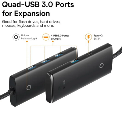 USB-хаб Baseus Lite Series 4-Port HUB Adapter Type-C to 4хUSB-А 3.0 (WKQX030401) черный - фото 4 - id-p214561757