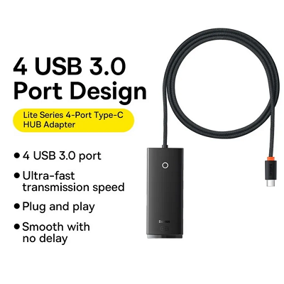 USB-хаб Baseus Lite Series 4-Port HUB Adapter Type-C to 4хUSB-А 3.0 (WKQX030401) черный - фото 5 - id-p214561757
