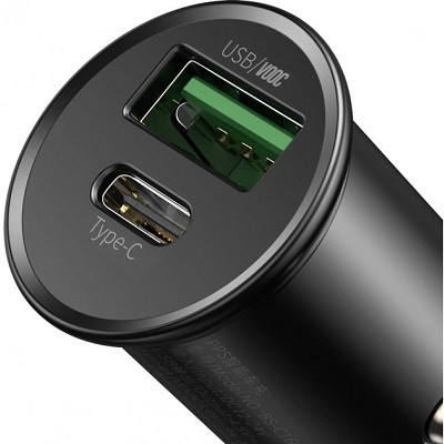 Автомобильное зарядное устройство Baseus (CCYS-C01) Circular Metal Car Charger USB + Type-C 30W (Support VOOC) - фото 2 - id-p214558018