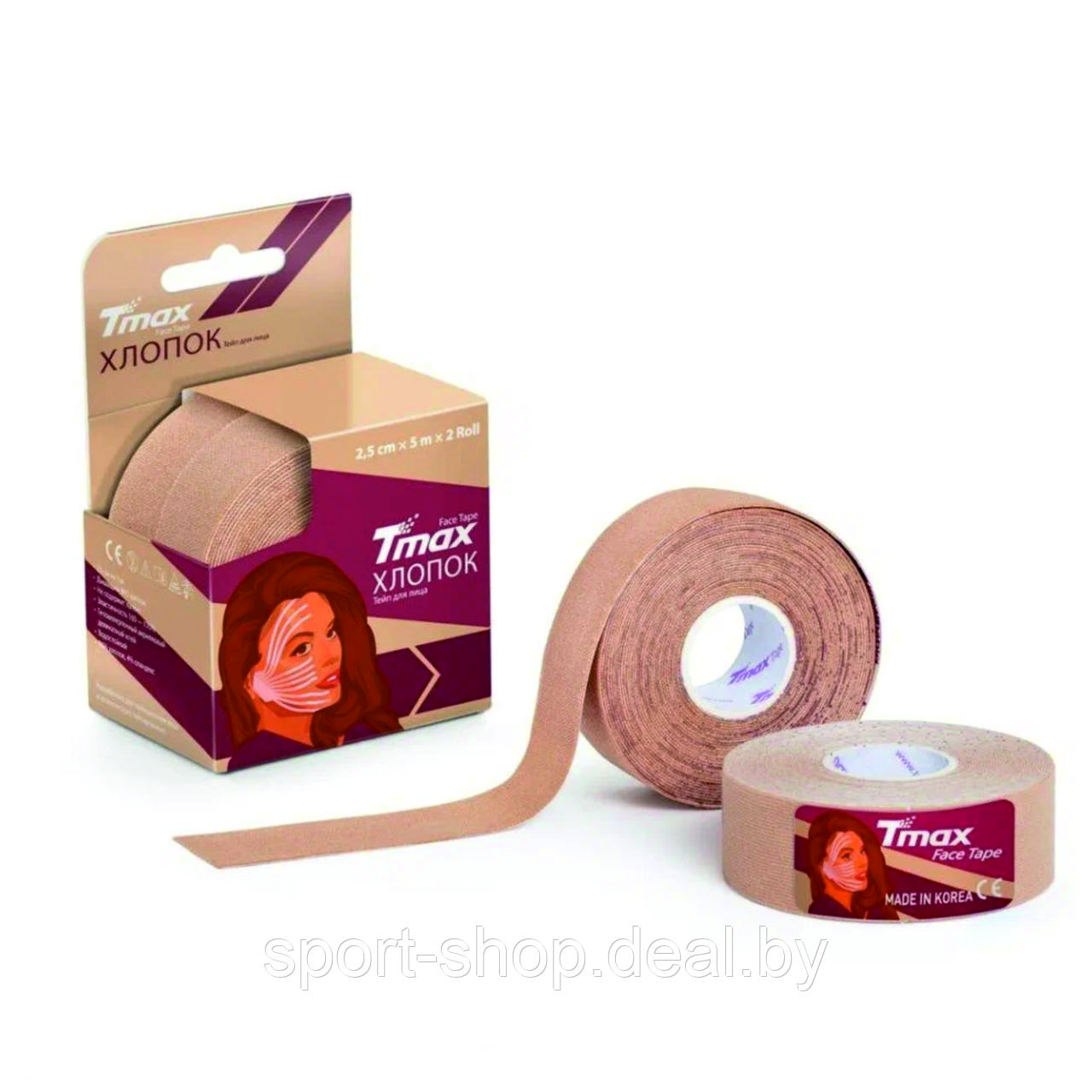 Тейп кинезиологический Tmax Beauty Tape ( 2.5cm x 5m x 2 roll ), хлопок, бежевый, для лица