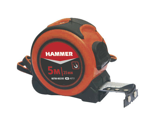Рулетка 5м x 25мм обрезиненный корпус, с фиксатором и магнитом Hammer 00700-802505, фото 2