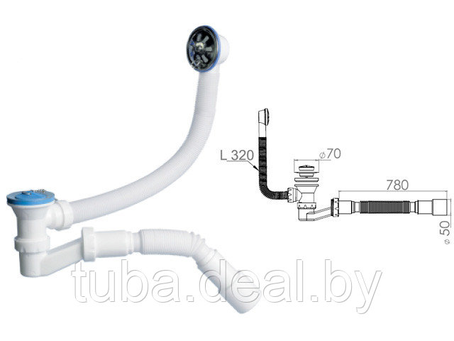 Сифон для ванны низкий h120mm, с выпуском и переливом 70мм, с гибкой трубой 40х40/50, AV Engineering - фото 1 - id-p214618042