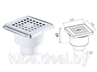 Сливной трап вертикальный D 50 с сухим затвором, с рамкой, решетка нерж. 100х100 мм, NOVA