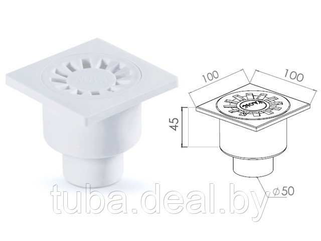 Сливной трап вертикальный D 50 решетка пласт. 100х100 мм, NOVA
