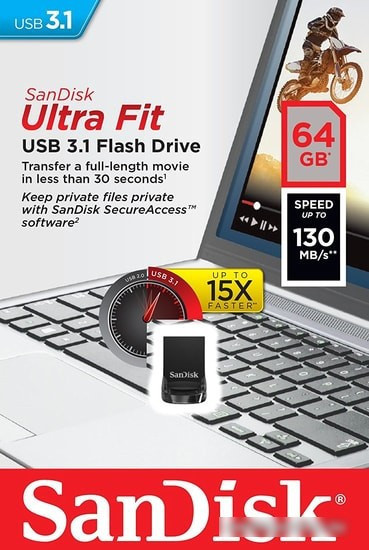 USB Flash SanDisk Ultra Fit USB 3.1 64GB (черный) - фото 5 - id-p214644376