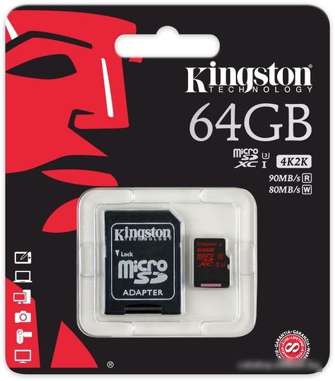 Карта памяти Kingston microSDXC UHS-I U3 (Class 10) 64GB (SDCA3/64GB) - фото 2 - id-p214644738