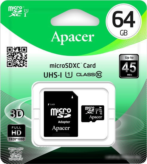Карта памяти Apacer microSDXC (Class 10) 64GB + адаптер [AP64GMCSX10U1-R] - фото 3 - id-p214644830