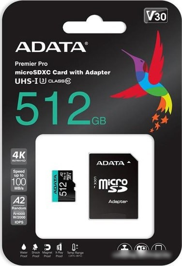 Карта памяти A-Data Premier Pro AUSDX512GUI3V30SA2-RA1 microSDXC 512GB (с адаптером) - фото 4 - id-p214645052