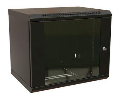 Шкаф коммутационный WRLINE WR-TW-1245-GP-RAL9004 настенный, стеклянная передняя дверь, 12U, 600x650x450 мм - фото 1 - id-p213131362