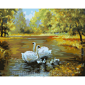 Живопись на холсте Лебеди в пруду, 312-CG, 40х50 см, Белоснежка