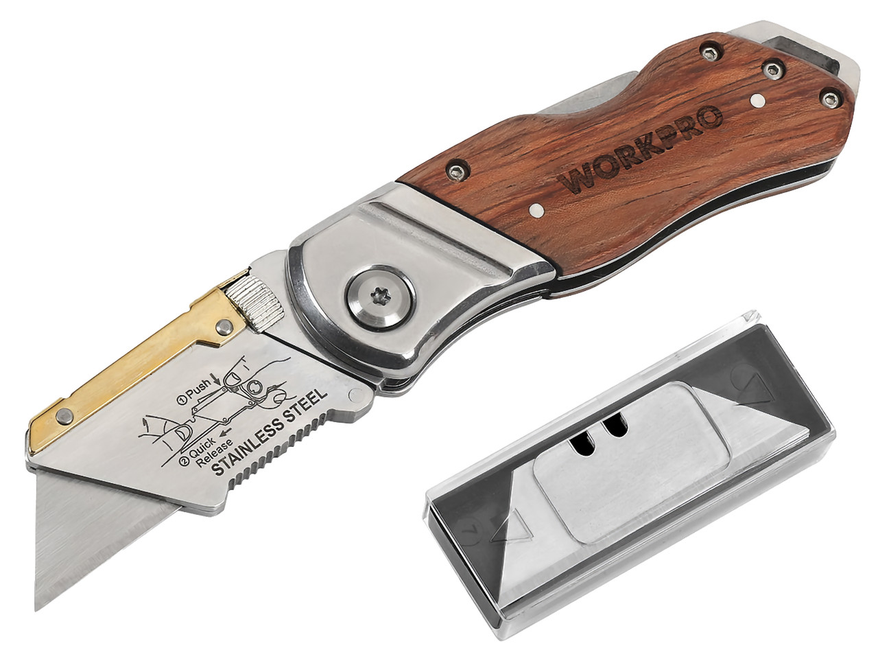 Нож универсальный складной со сменными лезвиями и деревянной рукояткой WP211014 WORKPRO - фото 1 - id-p214692556