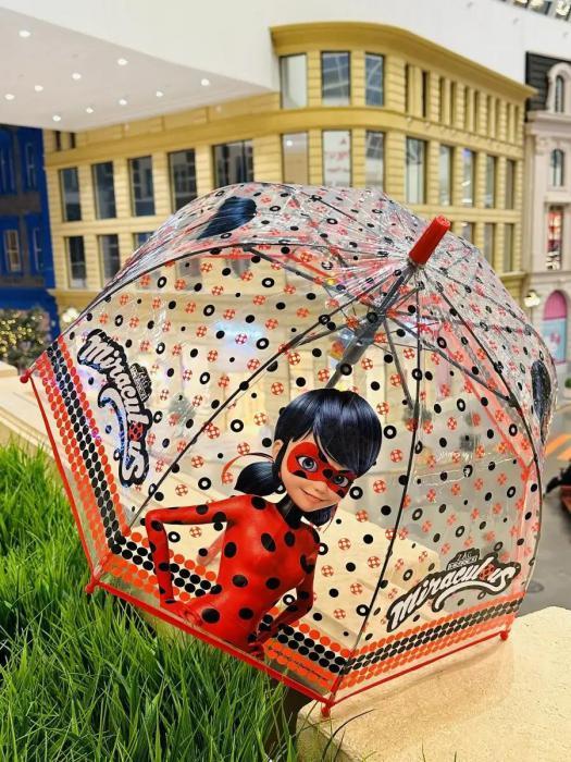 Зонт детский для девочки зонтик прозрачный складной трость Леди баг разноцветный со свистком - фото 1 - id-p214715155