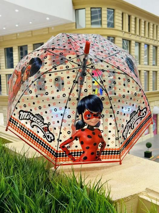Зонт детский для девочки зонтик прозрачный складной трость Леди баг разноцветный со свистком - фото 6 - id-p214715155