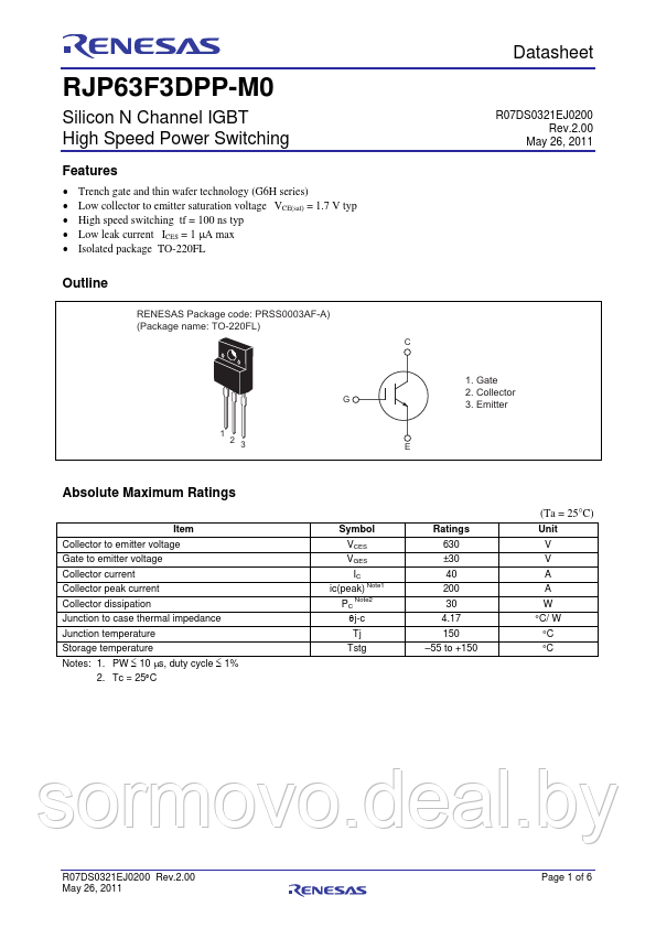 Транзистор RJP63K2DPP производитель Renesas корпус TO-220FL - фото 2 - id-p214731183