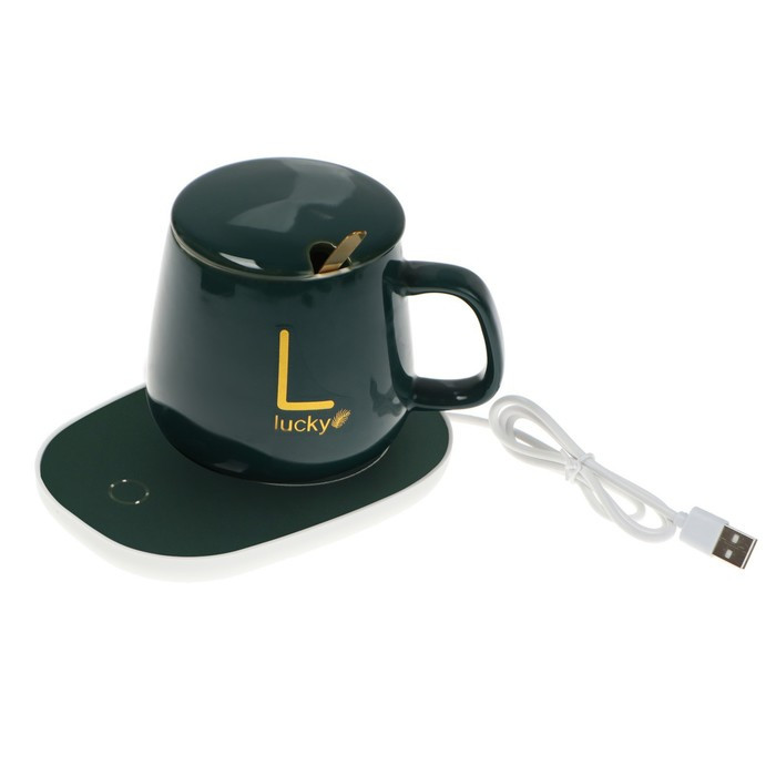 Набор подарочный «Lucky» кружка с крышкой и ложкой+USB подогреватель, цвет зеленый - фото 4 - id-p214776291
