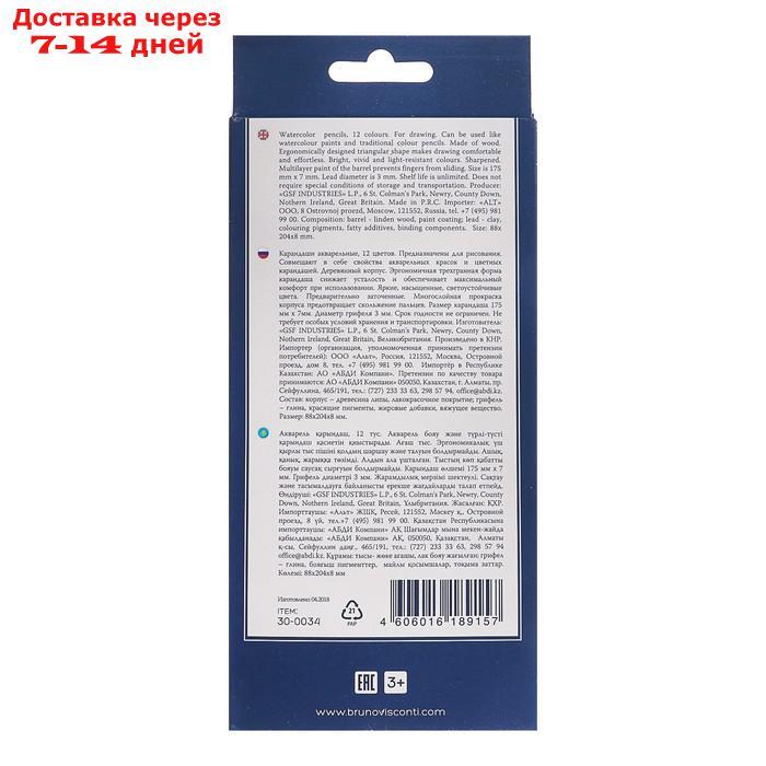 Карандаши акварельные 12 цветов BrunoVisconti Aquarelle, трёхгранные - фото 2 - id-p214717186