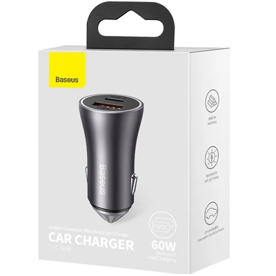 Автомобильное зарядное устройство Baseus Golden Contactor Max Dual Fast Charger Car Charger U+C 60W Dark Gray - фото 6 - id-p214785223